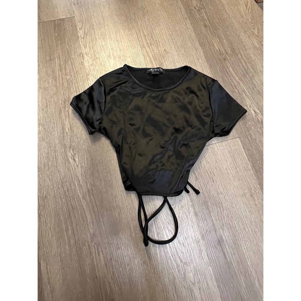 Pretty Tiny Tops Black Satin Tie Waist Crop Top Short Sleeve Size Small